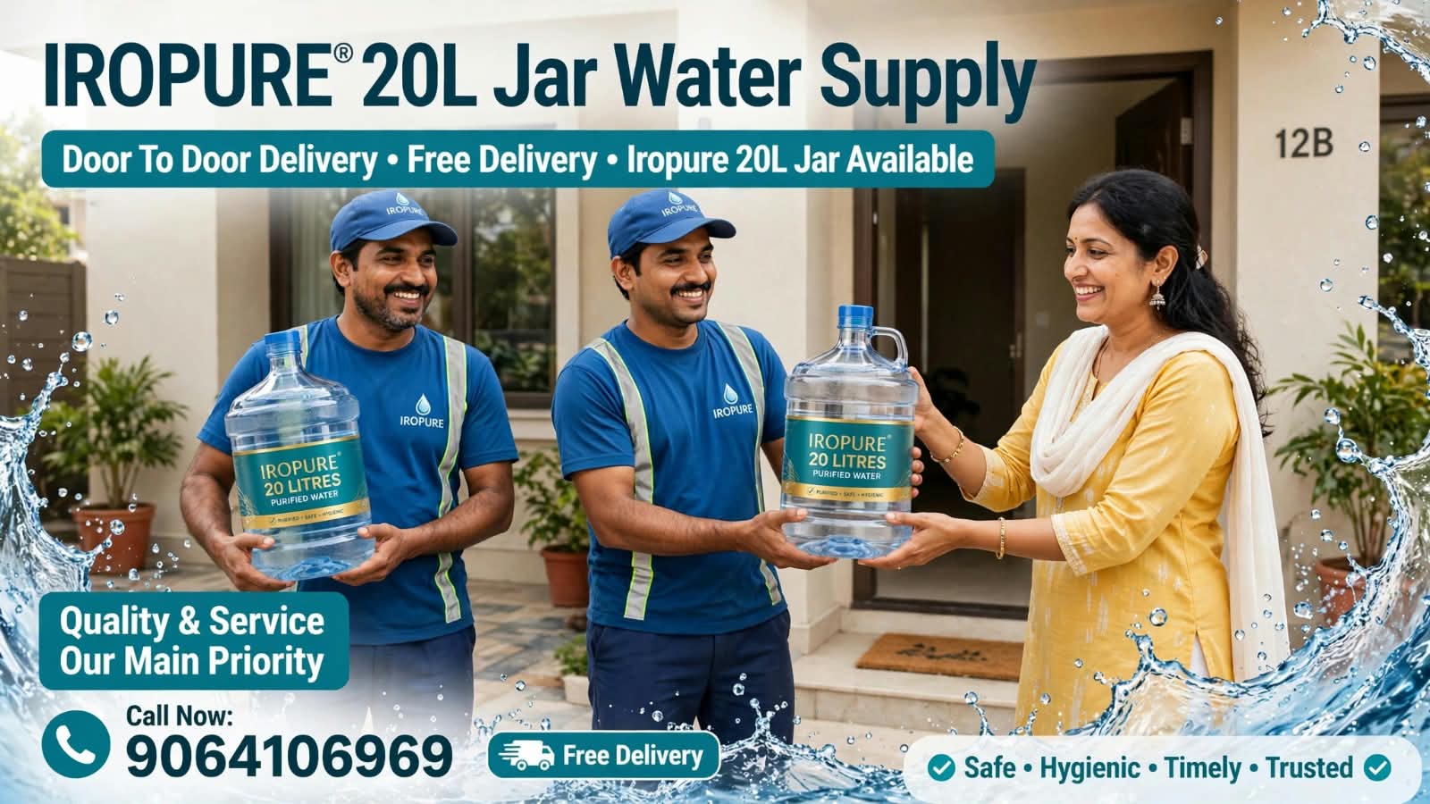 Iropure delivery team handing over a 20L water jar at a customer doorstep